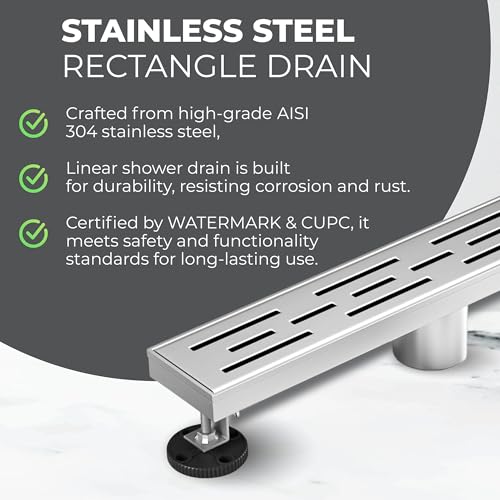 24 Inch Linear Shower Drain - Removable Brick Pattern Grate | 304 Stainless Steel Rectangular Floor Drain Set with Hair Catcher, Adjustable Leveling Feet & Adapter - color: Brushed Nickel With Grate, size: 24 Inch