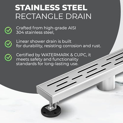 24 Inch Linear Shower Drain - Removable Brick Pattern Grate | 304 Stainless Steel Rectangular Floor Drain Set with Hair Catcher, Adjustable Leveling Feet & Adapter - color: Brushed Nickel With Grate, size: 24 Inch