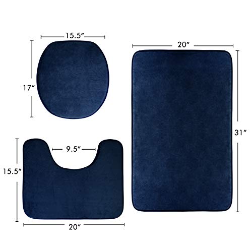 FEELSO Memory Foam Bath Mat, 3 Piece Rugs Soft Non Slip and Absorbent Bathroom Carpet, 20x31 inches Floor Mat, 20x22 inches U-Shaped Contour Rug and Toilet Lid Cover for Tub Shower & Bath Room, Blue | 3 Piece, 20x31 Inches, 20x22 Inches U-Shaped Contour B
