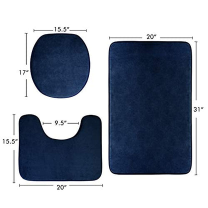FEELSO Memory Foam Bath Mat, 3 Piece Rugs Soft Non Slip and Absorbent Bathroom Carpet, 20x31 inches Floor Mat, 20x22 inches U-Shaped Contour Rug and Toilet Lid Cover for Tub Shower & Bath Room, Blue | 3 Piece, 20x31 Inches, 20x22 Inches U-Shaped Contour B