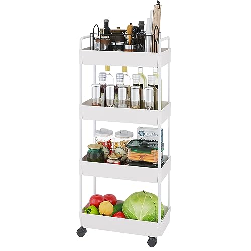 Buzowruil Rolling Storage Cart 4 Tier Organizer Mobile Shelving Unit Storage Rolling Utility Cart with Wheels for Kitchen Bathroom Laundry,White