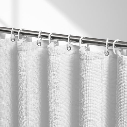 Extra Long White Shower Curtain Boho, 72 x 84 Cotton Blend Waffle Weave Stripe Textured Heavy Duty, Fabric Shower Curtain for Bathroom, Hotel, Washable - color: White, size: 72"W x 84"L (Pack of 1)