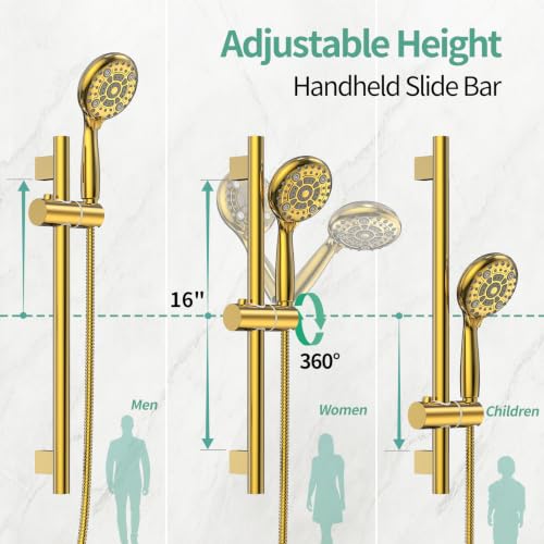 SR SUN RISE 12" Shower Faucet Set with Shower Slide Bar,Brushed Gold | High Pressure Shower Head,6-Spray Setting,16"Adjustable Shower Slide Bar,Soild Brass,Wall Mount,Included Valve and Trim Kit - color: Brushed Gold