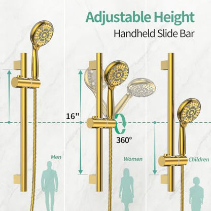 SR SUN RISE 12" Shower Faucet Set with Shower Slide Bar,Brushed Gold | High Pressure Shower Head,6-Spray Setting,16"Adjustable Shower Slide Bar,Soild Brass,Wall Mount,Included Valve and Trim Kit - color: Brushed Gold