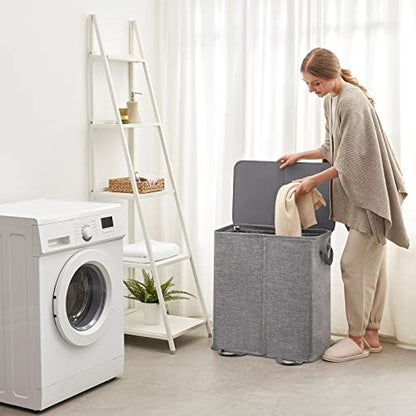 Lifewit Double Laundry Hamper with Lid and Removable Laundry Bags, Large Collapsible 2 Dividers Dirty Clothes Basket with Handles for Bedroom, Laundry Room, Closet, Bathroom, College, 136L Gray - color: Gray, size: 136L