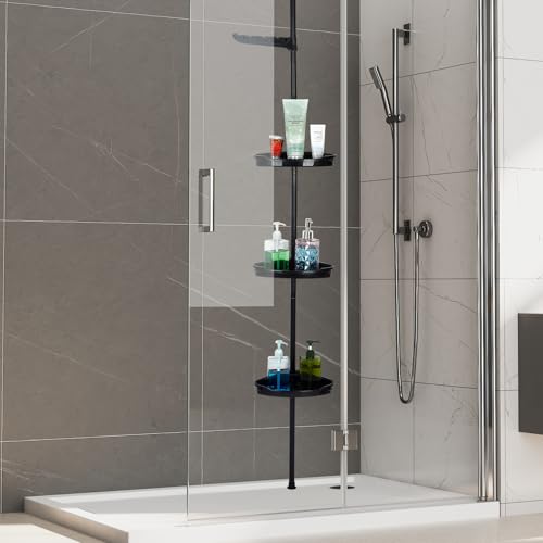 Corner Shower Caddy Tension Pole, 101.6''-122'', 4 Tier Shower Shelf, Rust Proof No Drilling Bathroom Organizer with Adjustable Trays, Plastic Bathtub Shelves Shamboo Holder, Black