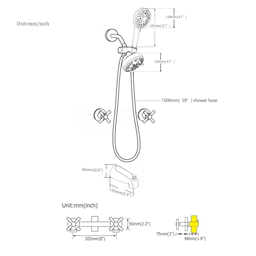 2 Handle Shower Faucet Set Tub Spout Chrome Shower Trim Kit Valve | 9 Modes Hand Shower, 7 Modes Shower Head, Dual Head Work independently /Work Together, Brass Valve, NPT 1/2" US Connection - color: Chrome, style: Style B