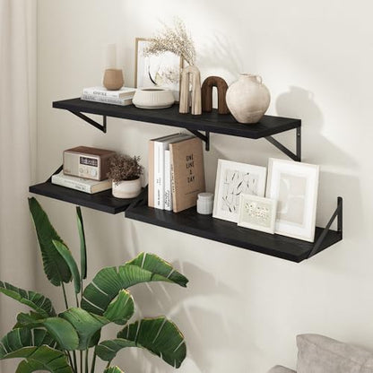 Deep Floating Shelves - 20 Inch Black Floating Shelves Set of 2-12 Inch Deep Wood Wall Shelves for Living Room Bathroom Kitchen - color: Black, size: 20W x 12D