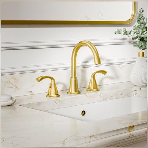 Phiestina 8 Inch 3 Hole 2 Handle Widespread Brushed Gold Bathroom Sink Faucet 2 Pack, Modern Bathroom Faucet with Metal Pop up Drain and Water Supply Lines,WFJC180-BG-2PACK - color: Brushed Gold-8 IN, style: 2 pack