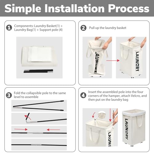 Goodpick 75L Hamper with Wheels & Wash Bag, College Dorm Room Essentials | Clothes Hamper with Removable Wash Bag for Laundry Room, Large Rolling Laundry Basket with Handles, White - color: White 1-Pack
