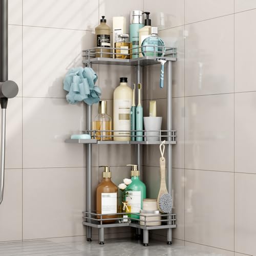 HapiRm Corner Shower Caddy Standing - 3 Tier Shower Organizer Corner with Soap Holder, Rustproof Bathroom Standing Organizer with 4 Hooks, Grey - color: Grey, size: 3-tier