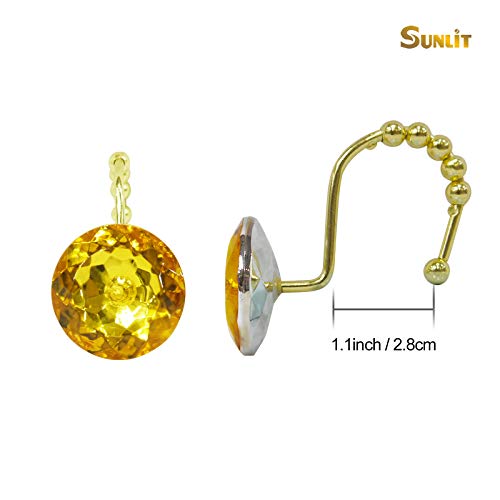 Sunlit Luxury Design Round Yellow Diamond Crystal Gem Bling with Glide Balls Shower Curtain Hooks, Rust Proof Metal Rhinestones Glam Shower Curtain Rings-12 Pack - color: Yellow