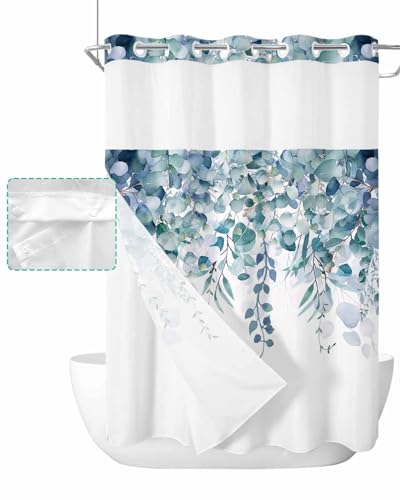 No Hook Shower Curtain and Snap in Liner Set, Blue Green Eucalyptus Fabric Bathroom Stall Shower Curtains 48x72, See Through Mesh Top Window, Spring Summer Botanical Floral Leaves Country Hotel Style - color: Blue Green, size: 48"W x 72"L (Pack of 1)
