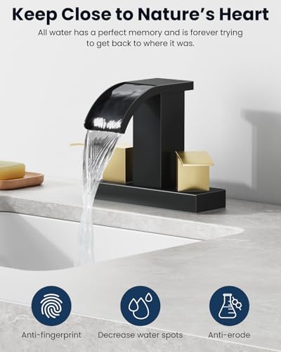 gotonovo Waterfall 4’’ Centerset Bathroom Sink Faucet Black&Brushed Gold | 2 Handle Bathroom Faucet,SUS304,2 or 3 Hole,2.17’’ Wide Spout,24’’ cUPC Water Line,Pop Up Drain,Vanity,RV,Lavatory Modern Tap - color: Black&Gold