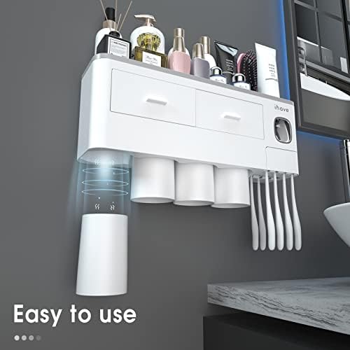 iHave Toothbrush Holders Wall Mounted with Toothpaste Dispenser & 4 Cups | All-in-One Bathroom Organizer: 4 Cups, 7 Slots, Toothpaste Dispenser, Large Tray & Drawer. Wall Mount, No Drilling Required - color: White, size: 4 cup