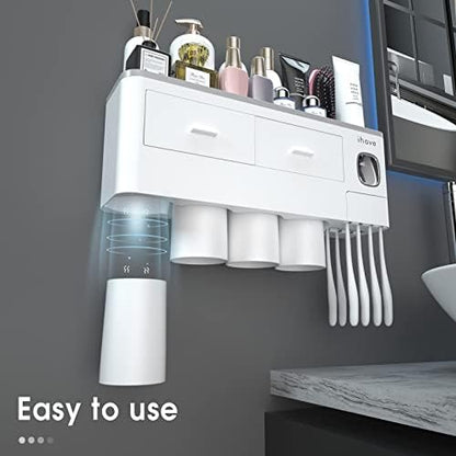 iHave Toothbrush Holders Wall Mounted with Toothpaste Dispenser & 4 Cups | All-in-One Bathroom Organizer: 4 Cups, 7 Slots, Toothpaste Dispenser, Large Tray & Drawer. Wall Mount, No Drilling Required - color: White, size: 4 cup