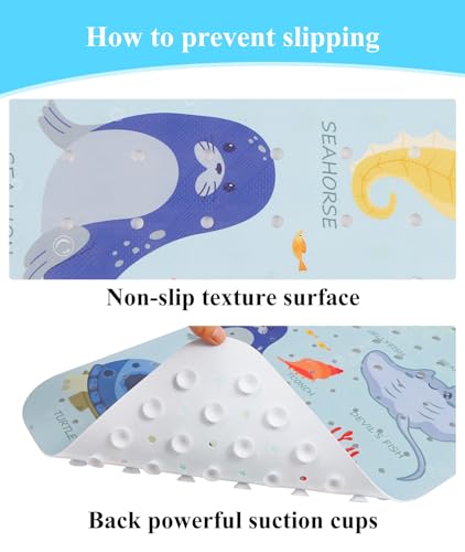 Secopad Bathtub Mat Non Slip, Cute Tub Mat, 40" x 16", Blue Sea Animals | Rectangular, Anti-Slip, Machine Washable, with Drain Holes and Suction Cups,For Bathtub and Shower Floor, for Toddler & Kids - color: Blue Sea Animals