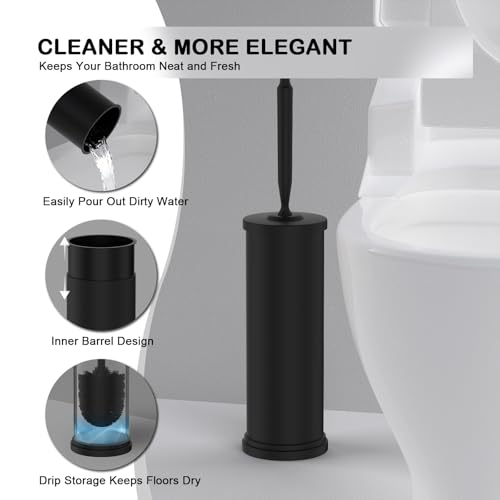 Stainless Steel Toilet Bowl Brush and Holder Set Scrubber Black | Weighted Stable Base Removable Inner Tube Toilet Bowl Brush Splash-Proof Design for Deep Cleaning Space Saving Storage - color: Black