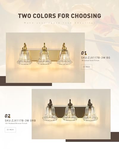 zeyu 22-Inch 3-Light Bathroom Lights Over Mirror Fixture, ZJX117B-3W BG | Gold Bathroom Light Fixtures, Clear Striped Glass Shades, Metal And Glass Construction, Wall-Mounted Bathroom Lighting - color: Gold+Clear Striped Glass, size: 3-Light