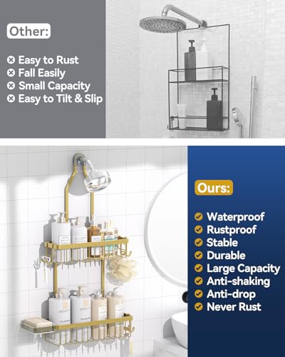 Never Rust Shower Caddy Hanging, Aluminum Shower Racks for Inside Shower, 2-Tier Shower Organizer Hanging Over Shower Head with Hooks and Soap Holder, Gold - color: Gold