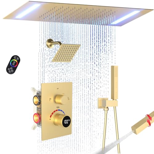 Digital Display Shower Faucet Set Brushed Gold Dual Heads LED Shower System | 14X20" LED Ceiling Shower with Light Remote & 6" Wall Mounted Shower Head & Dual Function Handheld Shower - color: Brushed Gold