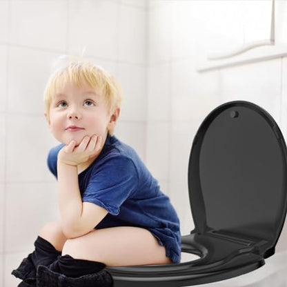 JINGZE Round Toddler Toilet Seat Adult/Child,Built-In Potty Training Seat, Soft Quiet Close Non-Slip Seat,Magnetic Kids Seat and Cover,Black - color: Black, size: Round 16.5inch with Baby Seat