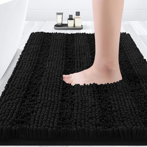 Striped Black Bathroom Rug Mat 24"x17" Ultra Soft, Non Slip Chenille Bath Rugs, Absorbent Plush Shaggy Bath Mats for Bathroom, Bedroom, Kitchen, Shower, Tub - color: Black, size: 1'5" x 1'11" (Rectangular)