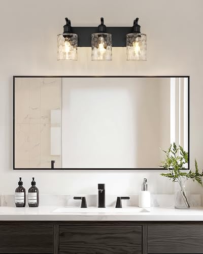 Bathroom Vanity Light Fixtures Over Mirror 3-Light Hammered Glass Wall Mounted Modern Black - VL01BKH-3 - color: Black & Hammered Glass, size: 3 LIGHT