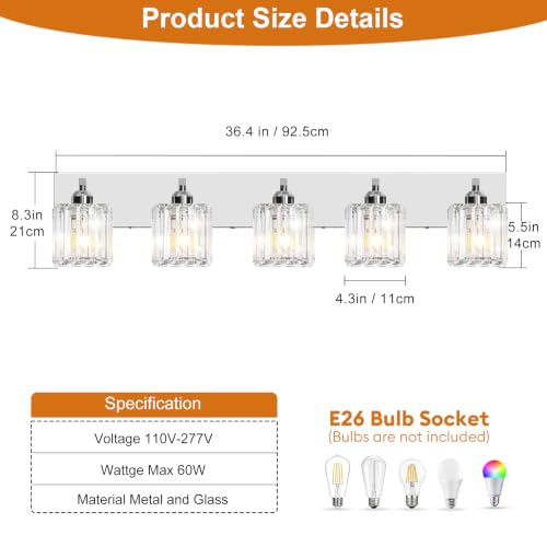 Brushed Chrome Crystal Bathroom Vanity Light, 5-Light Modern Bathroom Lighting Fixtures Over Mirror,Chrome Wall Sconce Light Fixtures with Square Shade - color: Chrome-Square Shade, size: 5-LIGHT