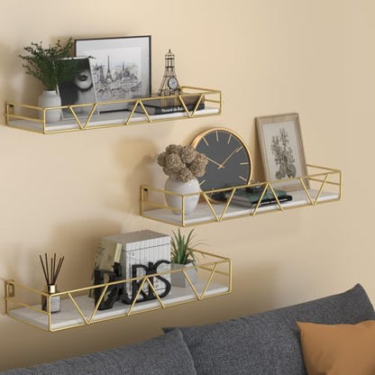 Floating Shelves Set of 3, Wood Wall Shelf, Farmhouse Shelf for Bedroom | Wall Mounted Floating Shelf for Living Room, Bedroom, Bathroom, Kitchen, Office - color: Gold