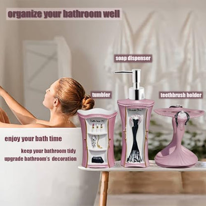 5 Piece Bathroom Accessories Set, Collection Bath Set Features Soap Dispenser, Toothbrush Holder, Tumbler, & Soap Dish (Pink) - size: 5PCS-PINK