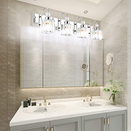 Ralbay Modern LED Crystal Bathroom Vanity Lights 4-Lights Stainless Steel Crystal Vanity Lights Over Mirror Modern Crystal Bathroom Vanity Lighting Fixtures - color: Round-Chrome, size: 4-light
