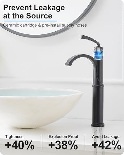 Waterfall Vessel Faucet, Tall Bathroom Faucet Black, Brass Vessel Sink Faucets Bathroom Sink Faucet One Hole Single Handle with Supply Hoses Pop-up Drain - color: Matte Black