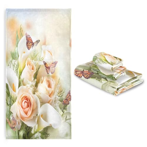 Towel Bathroom Sets, Bouquet Yellow Roses And White Calla Lilies Butterfly Towels 3-Piece 1 Bath Towel 1 Washcloth 1 Hand Towel, Bath Towel Set of 3 Soft Multifuntion for Home Kitchen Hotel Gym Swim S - color: Multi06