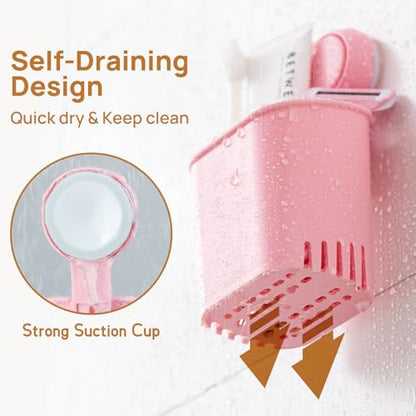 LEVERLOC Powerful Suction Cup Toothbrush Holder, Drill-Free Wall Shower Holder for Toothbrush, Toothpaste, Razor, Self-draining Kitchen Tableware Organizer, Removable Suction Cup in Shower, Pink - color: 1 Holder, Pink