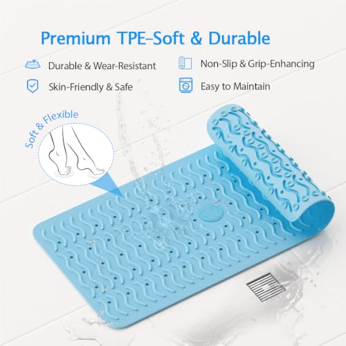 Non Slip Bathtub Mat & Shower Mat, 31x15 Anti Slip Bath Mat for Tub, Soft TPE Anti-Skid Bathroom Mat with 194 Suction Cups & Drain Holes, Wave-Textured Grip, Machine Washable (Light Blue) - color: Light Blue