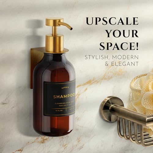 Shower Shampoo Dispenser Wall Mounted – Refillable 16.9 oz Amber Bottle with Stainless Steel Pump & No-Drill Adhesive Holder – Soap Dispenser for Bathroom (1 X Amber/Gold) - color: 1 X Amber/Gold