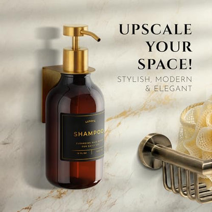 Shower Shampoo Dispenser Wall Mounted – Refillable 16.9 oz Amber Bottle with Stainless Steel Pump & No-Drill Adhesive Holder – Soap Dispenser for Bathroom (1 X Amber/Gold) - color: 1 X Amber/Gold