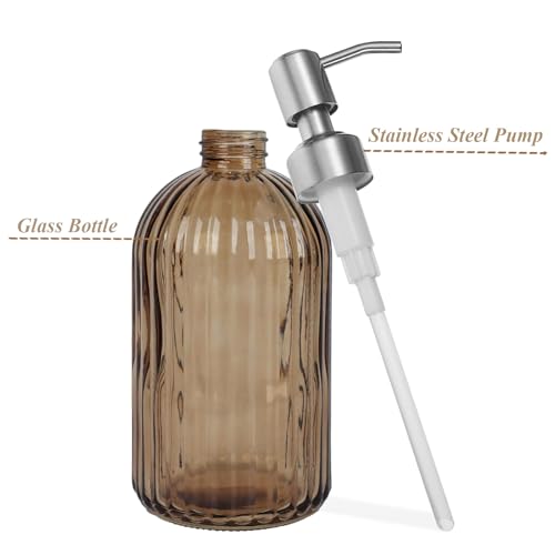 14Oz Brown Glass Soap Dispenser Bathroom, Stainless Steel Pump, Stripe | Clear Glass Liquid Hand Soap Dispensers, Refillable Dish Soap Dispenser for Kitchen, Countertop Soap Dispensers - color: Brown