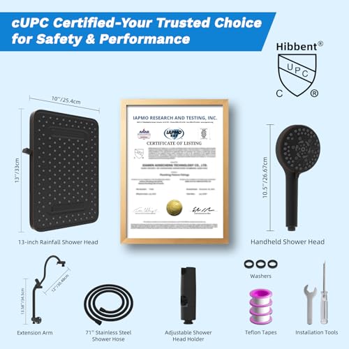 Hibbent cUPC Certified High Pressue 13'' Rainfall Shower Head with 5-Spray | Shower Heads with Handheld 10-Spray Combo, All Metal Easy Reach 4-way Diverter Arm, 71'' Hose & Holder, Oil-Rubbed Bronze - color: Oil Rubbed Bronze, style: Square 13"