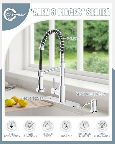 Kitchen Faucet,Chrome Kitchen Faucet with Soap Dispenser and Deck Plate,Faucet for Camper Farmhouse RV Kitchen Sink,Single Handle Stainless Steel Kitchen Sink Faucets with Pull Down Sprayer - color: E-Chrome Polished, style: Contemporary