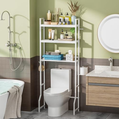 Over Toilet Bathroom Organizer with Toilet Paper Holder | White Over the Toilet Shelf, Over the Toilet Storage Cabinet, Heavy Duty Metal 3 Tier Bathroom Organizer Shelf with 3 Hooks - color: White