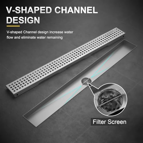 Linear Shower Drain - 48 Inch Brushed Nickel, with Grate Removable | AISI 304 Stainless Steel Shower Drain with Adjustable Feet, Hair Catcher, Rectangle Shower Floor Drain Fits Bathroom, Balcony - color: Brushed Nickel, size: 48 Inch