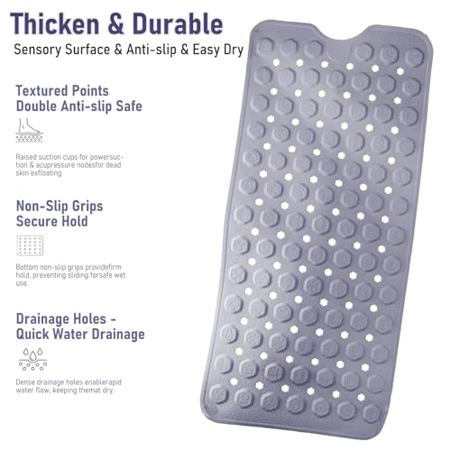 Bath Mat for Tub Non Slip 35*16 In, Silicone Anti Slip Shower Mat Bathtub Acupressure Relief for Kids Elderly Machine Washable with Antislip Textured Safety Strong Suction Cups & Drain Holes Easy Dry - color: Purple