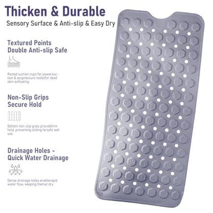 Bath Mat for Tub Non Slip 35*16 In, Silicone Anti Slip Shower Mat Bathtub Acupressure Relief for Kids Elderly Machine Washable with Antislip Textured Safety Strong Suction Cups & Drain Holes Easy Dry - color: Purple