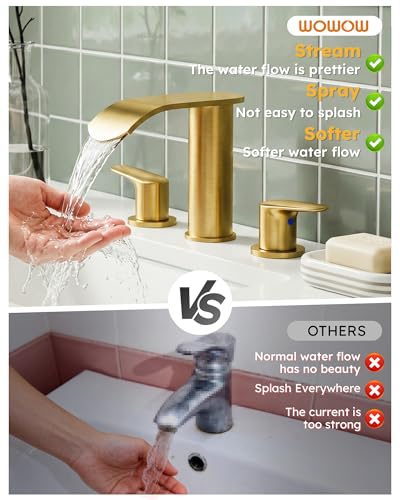 WOWOW Waterfall Bathroom Faucet 3 Holes 8Inch Widespread Bathroom Sink Faucet, Two Handles Lavatory Vanity Sink Faucets with Pop-up Drain & Supply Hoses, Modern Faucet Mixer Taps Gold - color: Gold