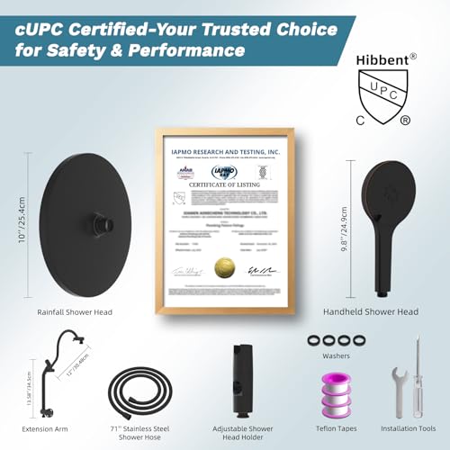 Hibbent 10'' Rain Shower Head Combo, 3 Handheld Sprays, Oil Rubbed Bronze | cUPC Certified Self-cleaning High Pressure Shower Head, All Metal Extension Arm, Easy Reach 4-way Diverter, 71" Hose & Holder - color: Oil Rubbed Bronze