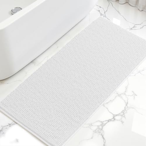SUBRTEX Bathroom Rugs, 24" x 55" Chenille Bath Rug Soft Short Plush Bath Mat Soft Shower Mat Water Absorbent Shower Mat Quick Dry Machine Washable, White - color: White, size: 24" x 55" (Runner)