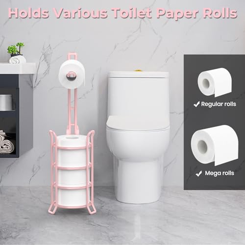 TomCare Toilet Paper Holder Stand Free Standing, Holds 4 Mega Rolls, Pink | Tool-Free Assembly, Detachable Metal Wire Frame, Powder-Coated Finish, Easy Storage and Flexible Bathroom Placement - color: Pink, size: Standard
