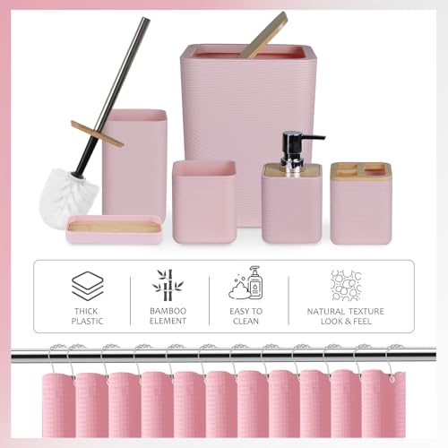 CERBIOR Bamboo Bathroom Accessory Set with Shower Curtain,Pink,20PCS | Spiral Set Includes Shower Curtain,Soap Dispenser, Toothbrush Holder, Toothbrush Cup, Soap Dish for Decorative and House Gift - size: Bath Set+Shower Curtain, style: Pink